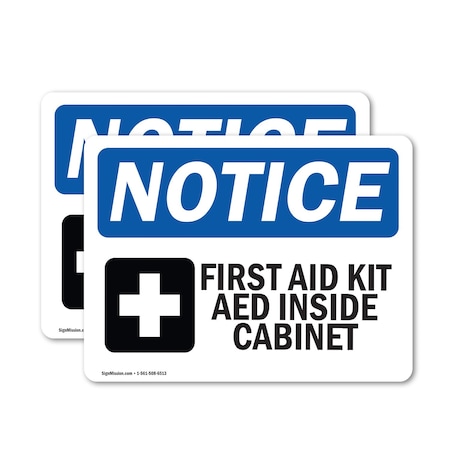 Signmission First Aid Kit AED Inside Cabinet Sign With Symbol, 10 in W x Rectangle, Vinyl Decal OS-2PACK-NS-D-710-L-12734